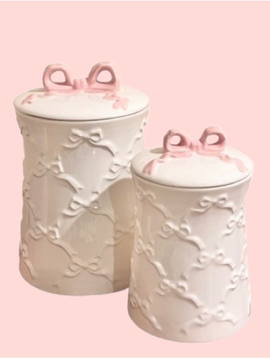 Other - 🆕- White Ceramic Decorative Canister Set with Pink Ribbon Accents